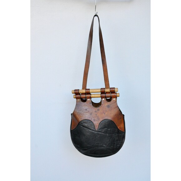 70s 2 Tones Brown & Black Leather Shoulder Bag Original Boho Gypsy Woodstock - Picture 2 of 10